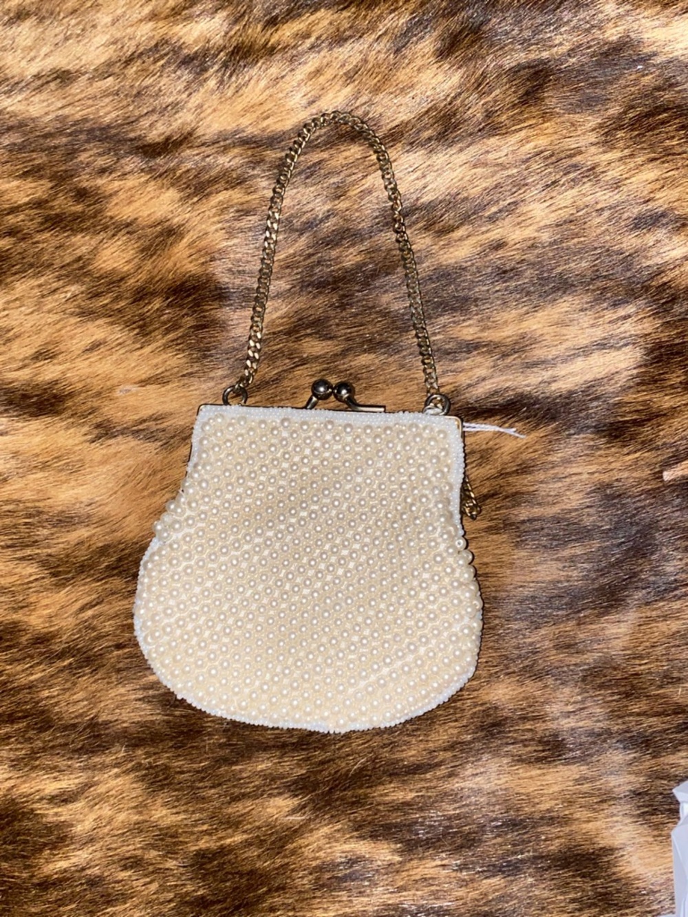 Pearl-Beaded Ivory Evening Bag with Chain Handle